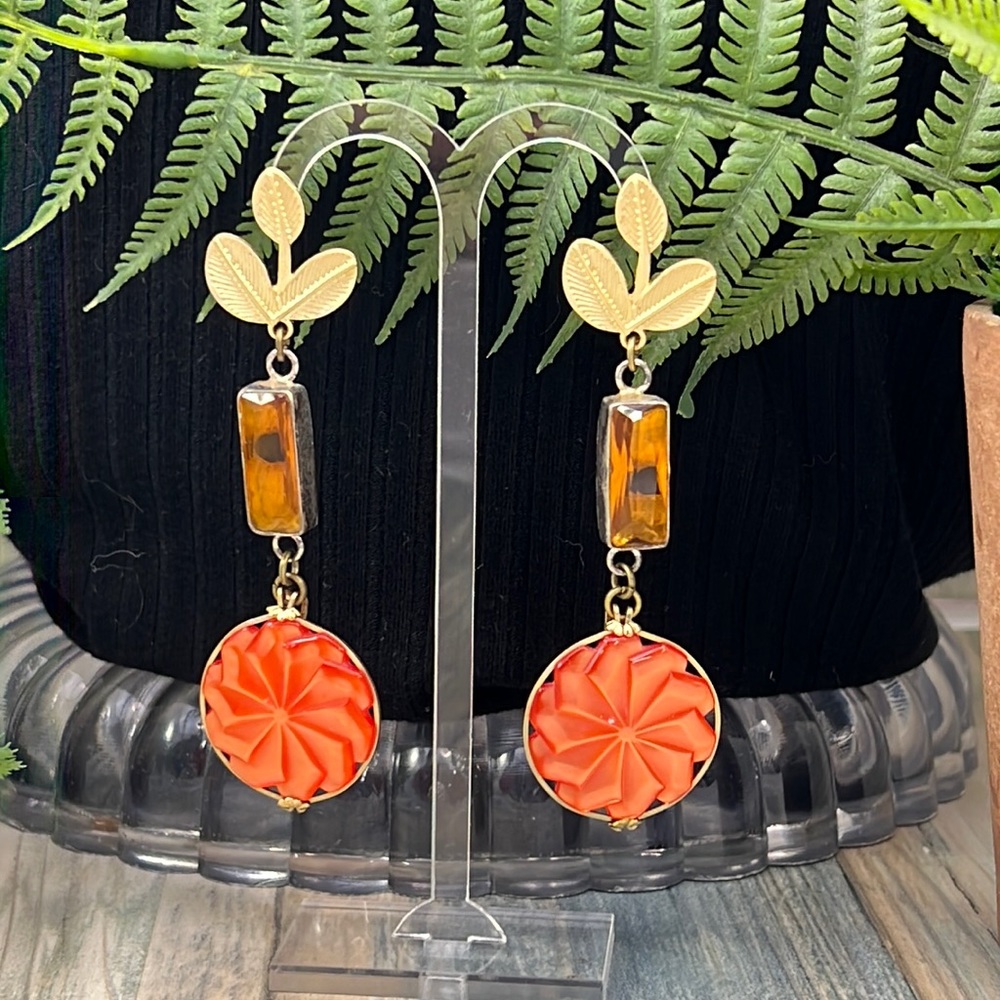 Adorned Crown Artisan Assemblage Lucite Button Topaz Gold Leaf Earrings